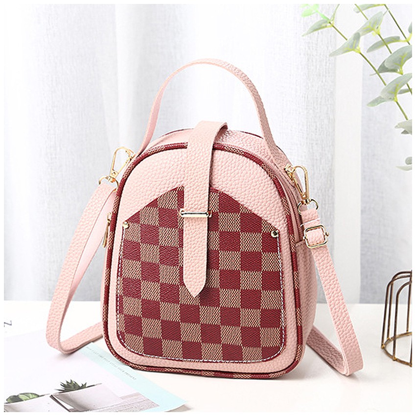 KW80829 Women's Checker Sling Bag Pink Brown Square